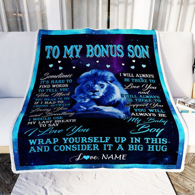 Personalized To My Bonus Son Blanket From Stepdad Sometimes It's Hard Lion Stepson Gift Birthday Graduation Christmas Custom Customized Fleece Throw Blanket | siriusteestore