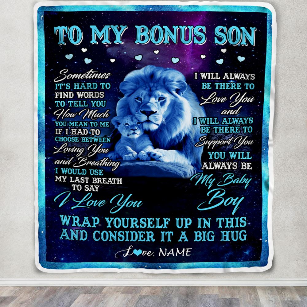Personalized To My Bonus Son Blanket From Stepdad Sometimes It's Hard Lion Stepson Gift Birthday Graduation Christmas Custom Customized Fleece Throw Blanket | siriusteestore