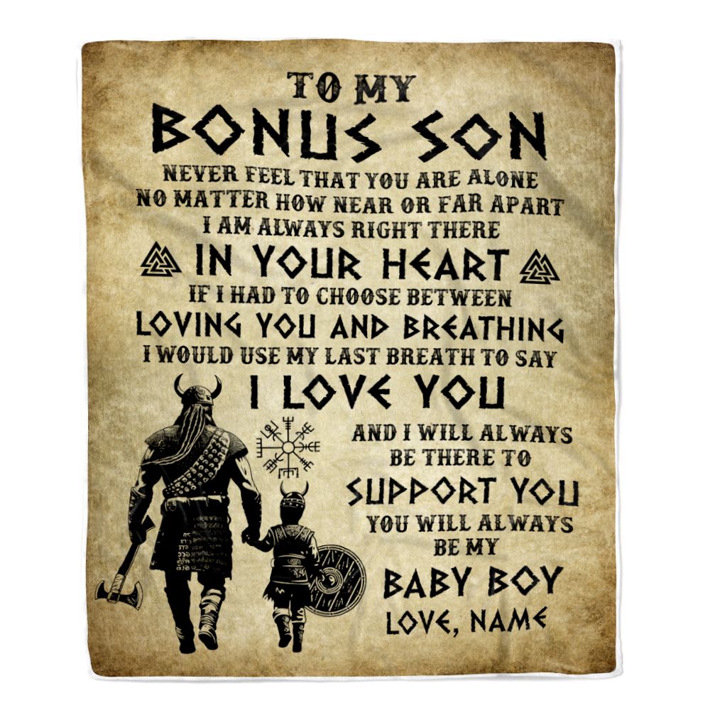 Personalized To My Bonus Son Blanket From Stepdad Viking Never Feel That You Are Alone Viking Stepson Birthday Gifts Christmas Customized Fleece Throw Blanket | siriusteestore