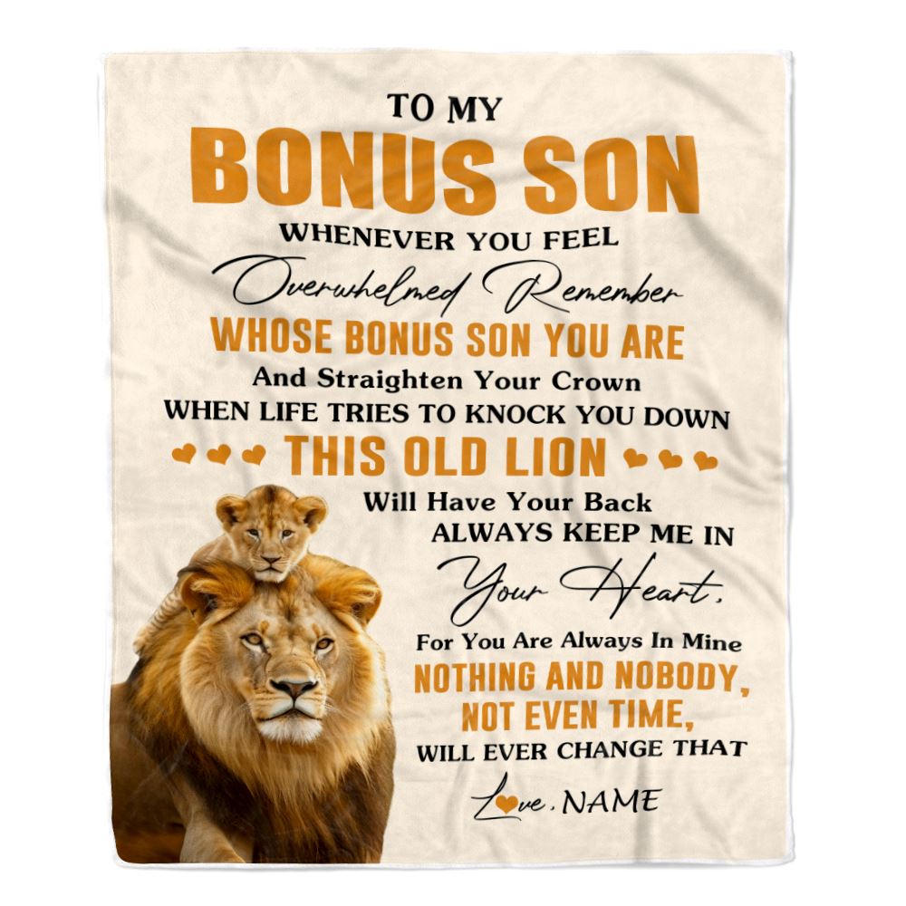 Personalized To My Bonus Son Blanket From Stepdad Whenever You Fell Overwhelmed Lion Stepson Birthday Gifts Christmas Customized Fleece Throw Blanket | siriusteestore