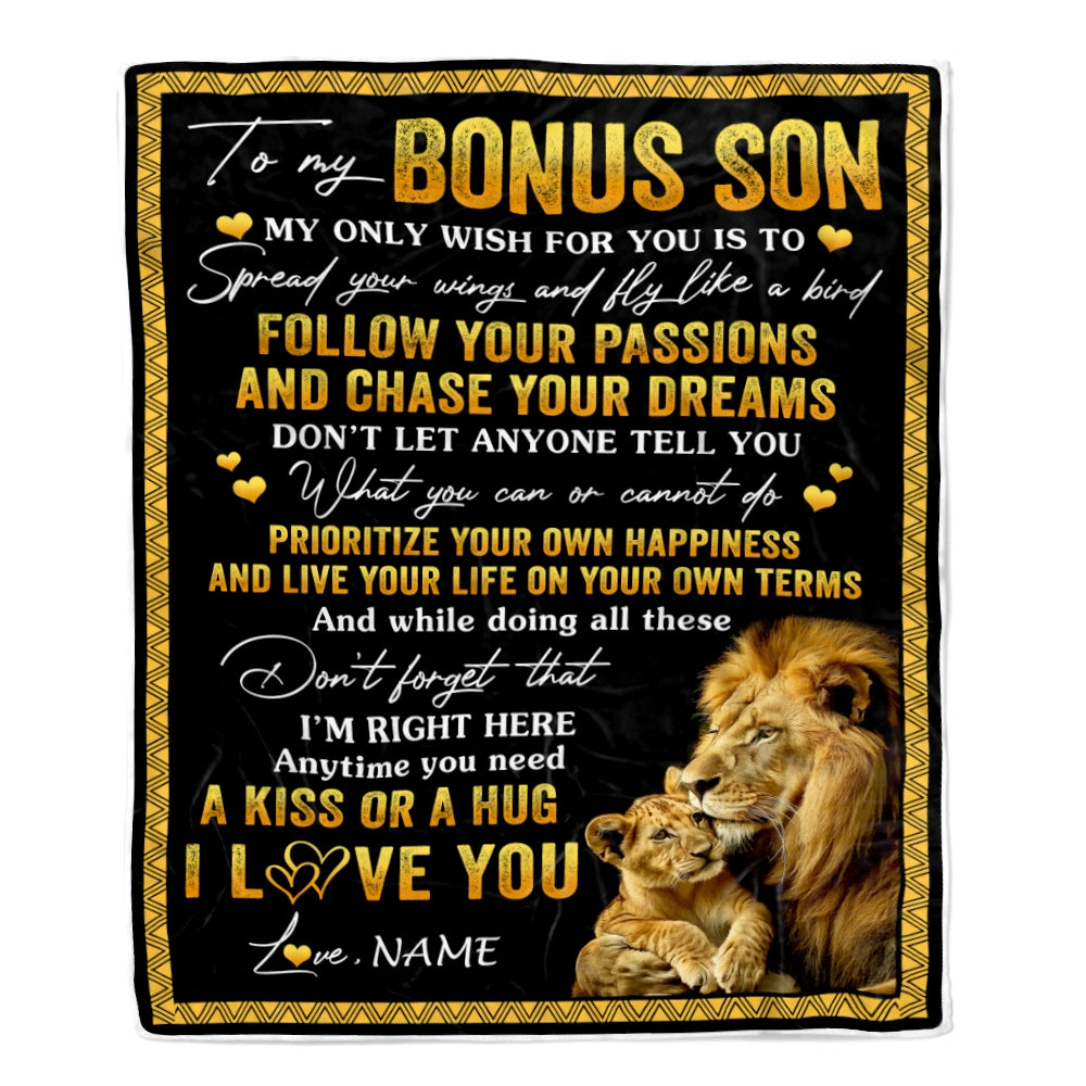 Personalized To My Bonus Son Blanket From Stepfather Lion My Only Wish For You Stepson Birthday Graduation Christmas Customized Bed Fleece Throw Blanket | siriusteestore
