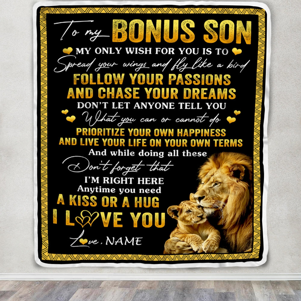 Personalized To My Bonus Son Blanket From Stepfather Lion My Only Wish For You Stepson Birthday Graduation Christmas Customized Bed Fleece Throw Blanket | siriusteestore