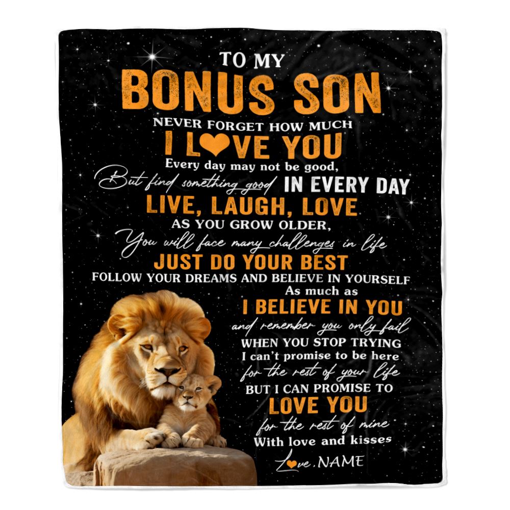 Personalized To My Bonus Son Blanket From Stepfather Stepdad Live Laugh Love Lion Stepson Birthday Gifts Positive Graduation Christmas Fleece Throw Blanket | siriusteestore
