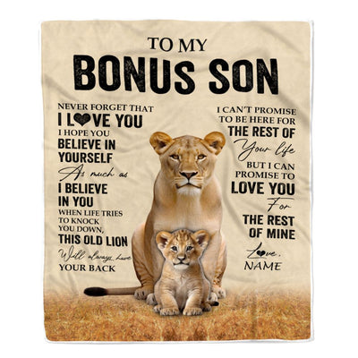 Personalized To My Bonus Son Blanket From Stepmom Lion Never Forget That I Love You Stepson Birthday Gifts Graduation Christmas Customized Fleece Throw Blanket | siriusteestore