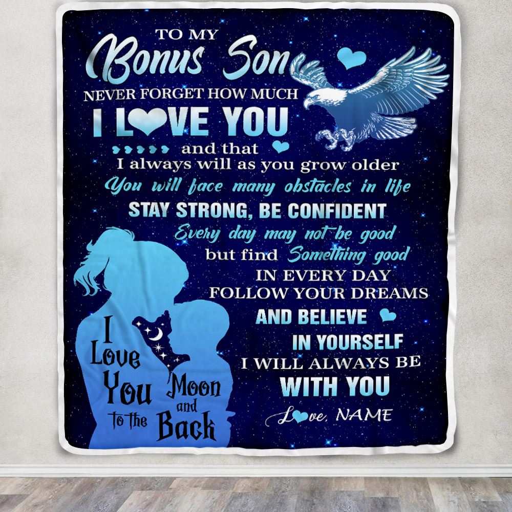 Personalized To My Bonus Son Blanket From Stepmom Never Forget I Love You Eagle Stepson Gift Birthday Graduation Christmas Customized Fleece Throw Blanket | siriusteestore
