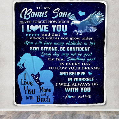 Personalized To My Bonus Son Blanket From Stepmom Never Forget I Love You Eagle Stepson Gift Birthday Graduation Christmas Customized Fleece Throw Blanket | siriusteestore