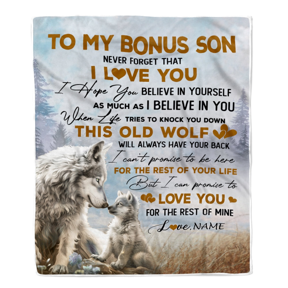 Personalized To My Bonus Son Blanket From Stepmom Never Forget That I Love You Wolf Stepson Birthday Graduation Christmas Customized Bed Fleece Throw Blanket | siriusteestore