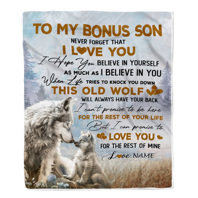 Personalized To My Bonus Son Blanket From Stepmom Never Forget That I Love You Wolf Stepson Birthday Graduation Christmas Customized Bed Fleece Throw Blanket | siriusteestore