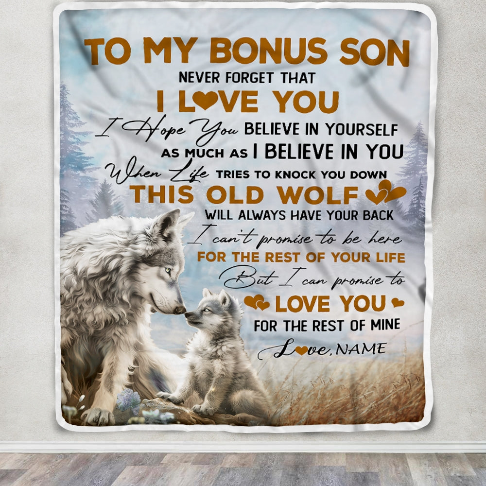 Personalized To My Bonus Son Blanket From Stepmom Never Forget That I Love You Wolf Stepson Birthday Graduation Christmas Customized Bed Fleece Throw Blanket | siriusteestore