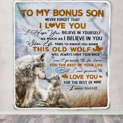 Personalized To My Bonus Son Blanket From Stepmom Never Forget That I Love You Wolf Stepson Birthday Graduation Christmas Customized Bed Fleece Throw Blanket | siriusteestore