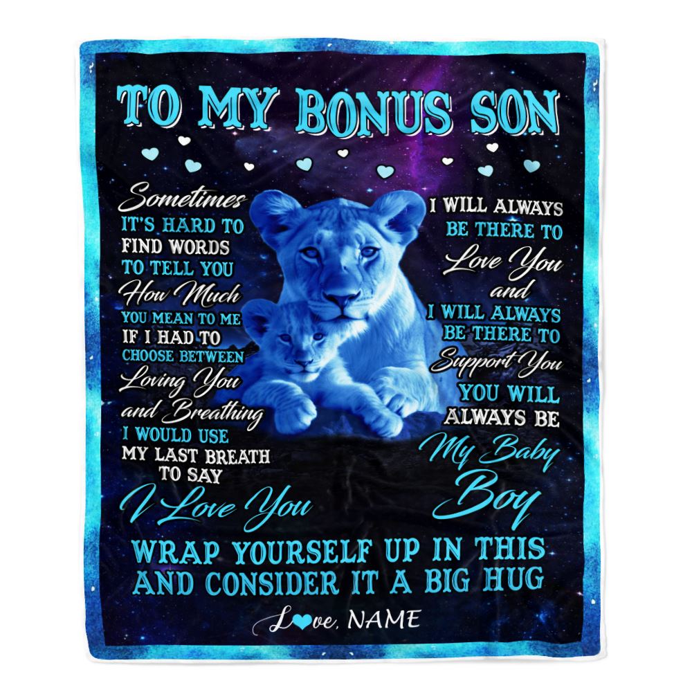 Personalized To My Bonus Son Blanket From Stepmom Sometimes It's Hard Lion Stepson Gift Birthday Graduation Christmas Custom Customized Fleece Throw Blanket | siriusteestore