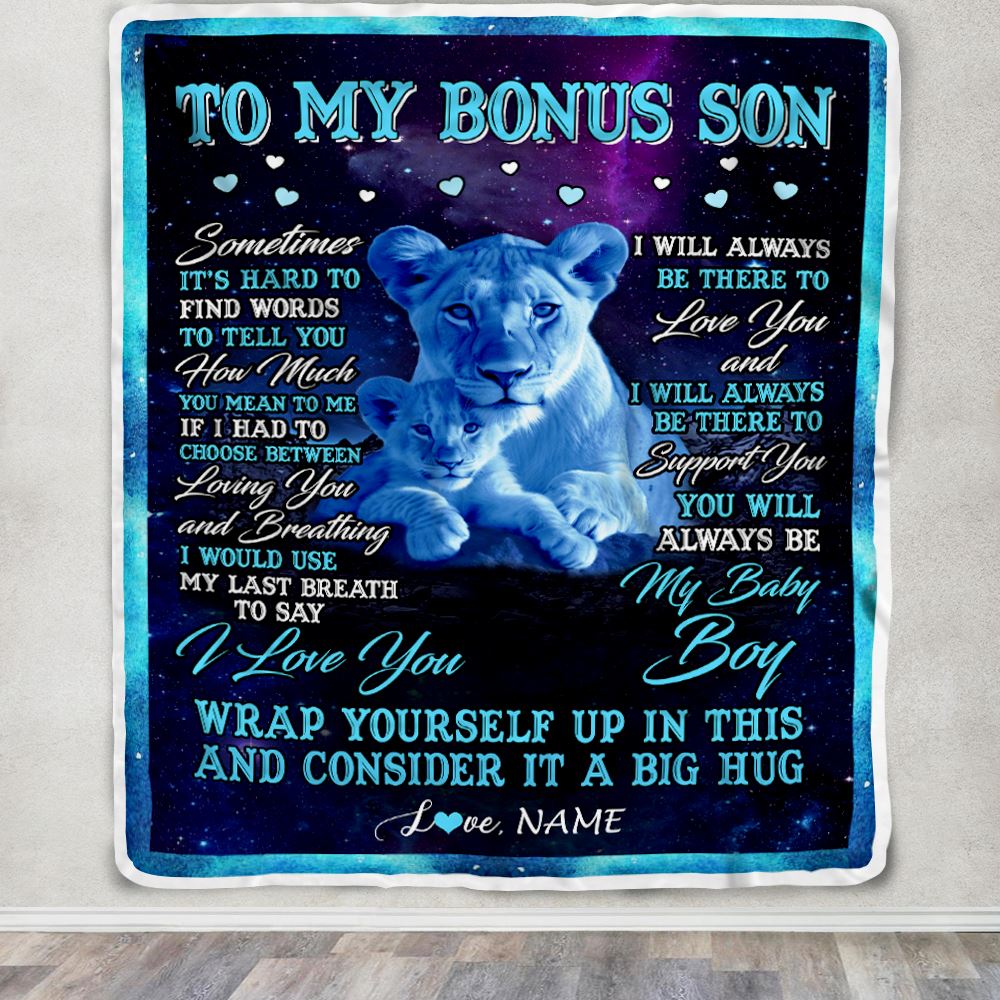 Personalized To My Bonus Son Blanket From Stepmom Sometimes It's Hard Lion Stepson Gift Birthday Graduation Christmas Custom Customized Fleece Throw Blanket | siriusteestore
