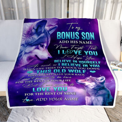 Personalized To My Bonus Son Blanket From Stepmom Stepdad Wolf Never Forget I Love You Stepson Birthday Gifts Graduation Christmas Customized Fleece Blanket | siriusteestore