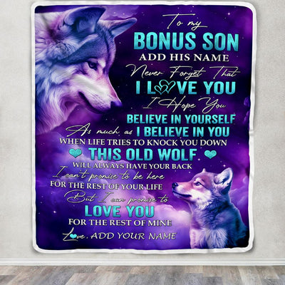 Personalized To My Bonus Son Blanket From Stepmom Stepdad Wolf Never Forget I Love You Stepson Birthday Gifts Graduation Christmas Customized Fleece Blanket | siriusteestore