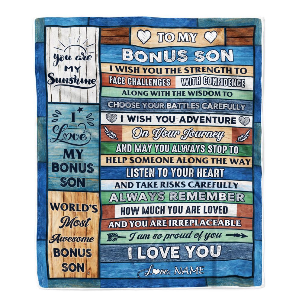 Personalized To My Bonus Son Blanket From Stepmom Stepdad Wood Remember To Be Awesome Stepson Birthday Graduation Christmas Customized Fleece Blanket | siriusteestore