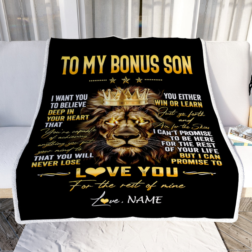 Personalized To My Bonus Son Blanket From Stepmom Stepdad You Will Never Lose Lion Stepson Birthday Graduation Christmas Customized Fleece Throw Blanket | siriusteestore