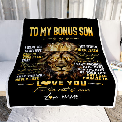 Personalized To My Bonus Son Blanket From Stepmom Stepdad You Will Never Lose Lion Stepson Birthday Graduation Christmas Customized Fleece Throw Blanket | siriusteestore