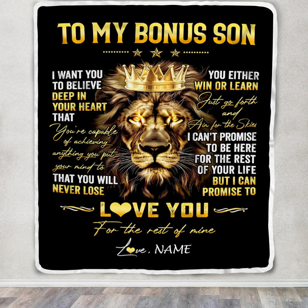 Personalized To My Bonus Son Blanket From Stepmom Stepdad You Will Never Lose Lion Stepson Birthday Graduation Christmas Customized Fleece Throw Blanket | siriusteestore