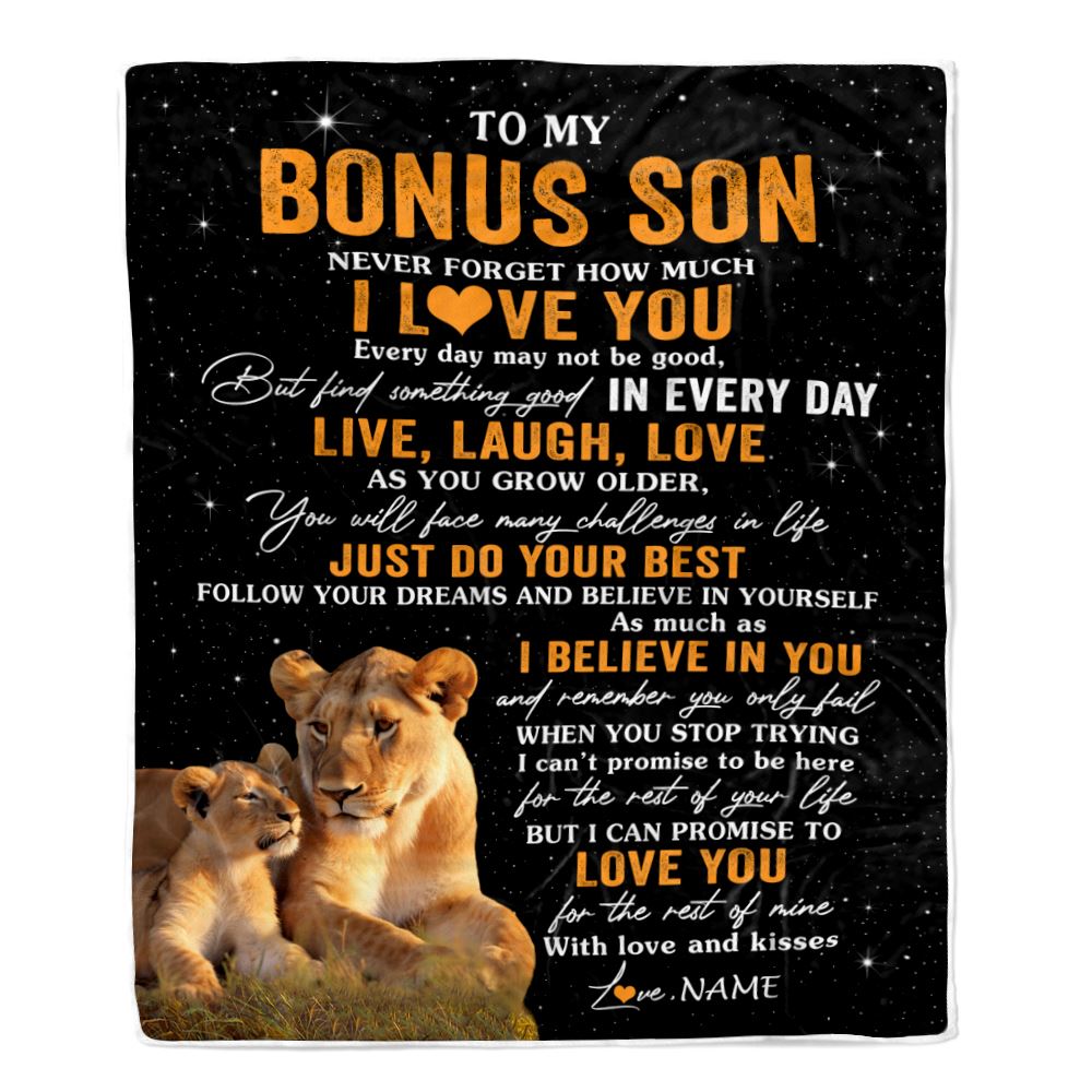 Personalized To My Bonus Son Blanket From Stepmom Stepmother Live Laugh Love Lion Stepson Birthday Gifts Positive Graduation Christmas Fleece Throw Blanket | siriusteestore
