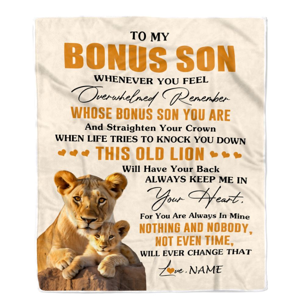 Personalized To My Bonus Son Blanket From Stepmom Whenever You Fell Overwhelmed Lion Stepson Birthday Gifts Christmas Customized Fleece Throw Blanket | siriusteestore