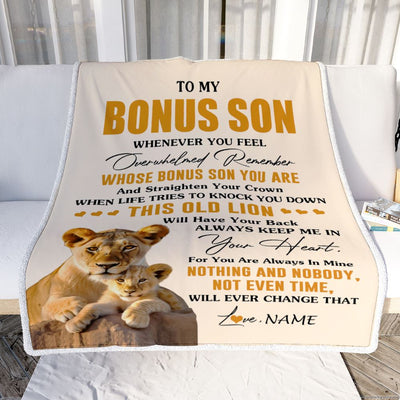 Personalized To My Bonus Son Blanket From Stepmom Whenever You Fell Overwhelmed Lion Stepson Birthday Gifts Christmas Customized Fleece Throw Blanket | siriusteestore
