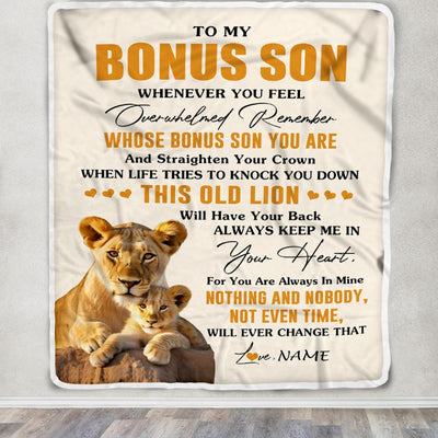 Personalized To My Bonus Son Blanket From Stepmom Whenever You Fell Overwhelmed Lion Stepson Birthday Gifts Christmas Customized Fleece Throw Blanket | siriusteestore