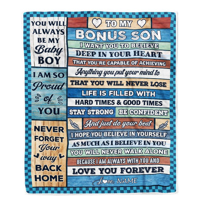 Personalized To My Bonus Son Blanket From Stepmom Wood Gifts For Stepson Going To College Birthday Graduation Christmas Customized Gift Fleece Throw Blanket | siriusteestore