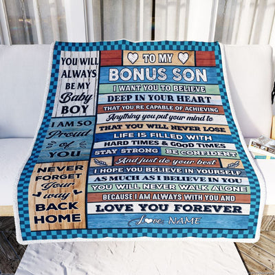 Personalized To My Bonus Son Blanket From Stepmom Wood Gifts For Stepson Going To College Birthday Graduation Christmas Customized Gift Fleece Throw Blanket | siriusteestore