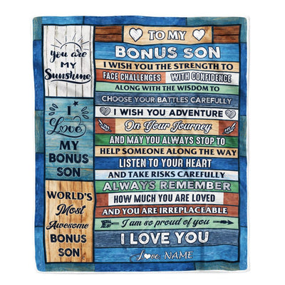 Personalized To My Bonus Son Blanket From Stepmom Wood I Am So Proud Of You I Love You Stepson Birthday Graduation Christmas Customized Fleece Blanket | siriusteestore