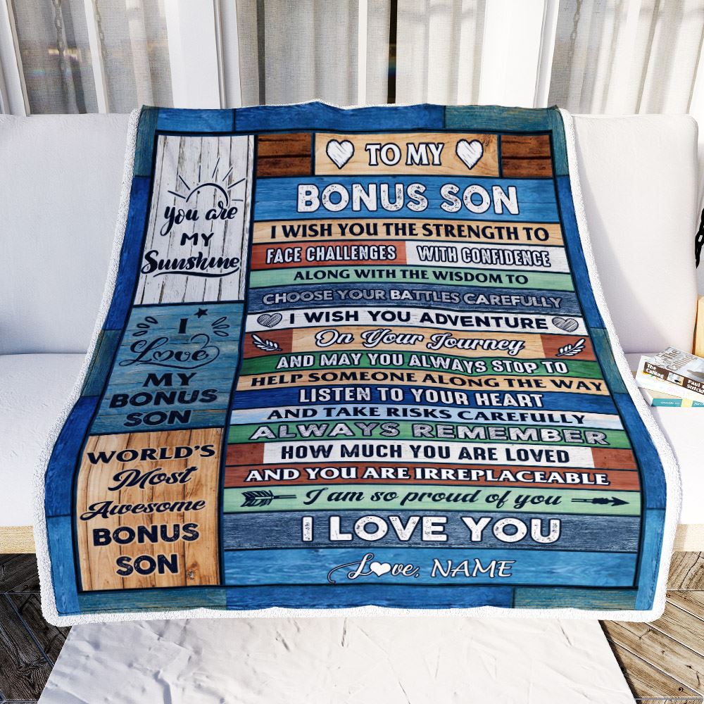 Personalized To My Bonus Son Blanket From Stepmom Wood I Am So Proud Of You I Love You Stepson Birthday Graduation Christmas Customized Fleece Blanket | siriusteestore