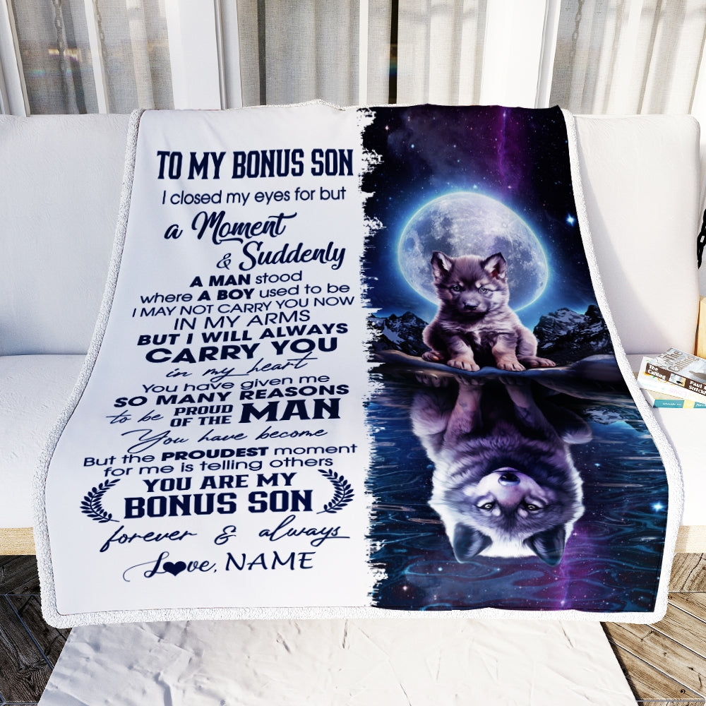 Personalized To My Bonus Son Blanket From Stepmother Dad I Close My Eyes Wolf Stepson Birthday Graduation Christmas Customized Gift Fleece Throw Blanket | siriusteestore