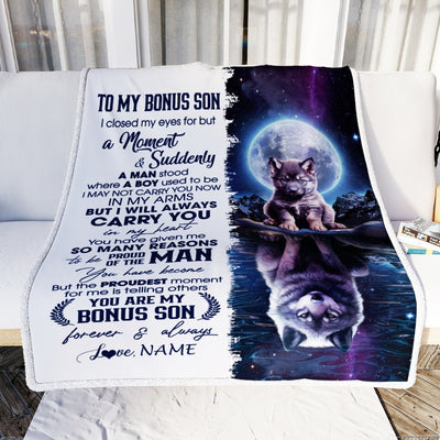 Personalized To My Bonus Son Blanket From Stepmother Dad I Close My Eyes Wolf Stepson Birthday Graduation Christmas Customized Gift Fleece Throw Blanket | siriusteestore
