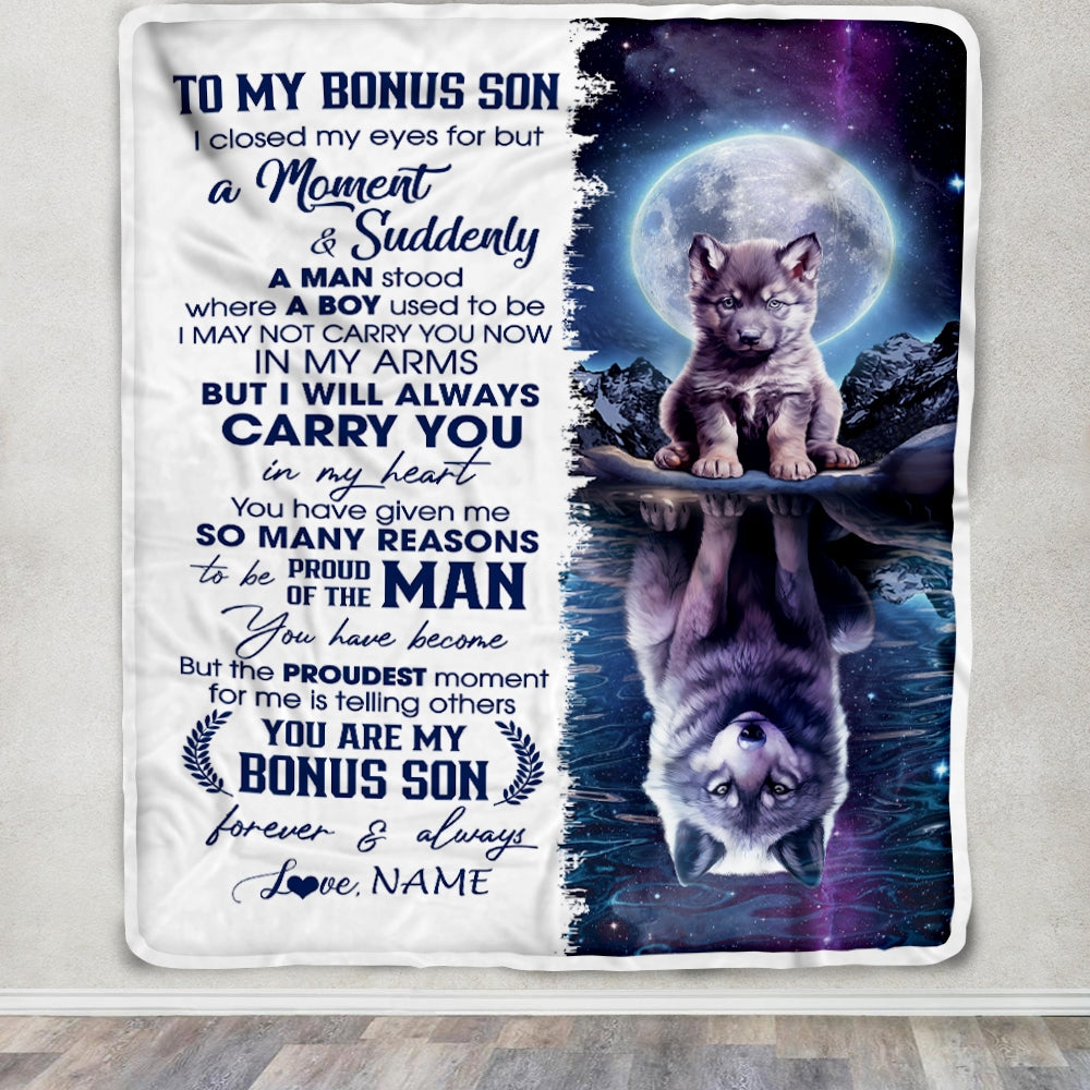 Personalized To My Bonus Son Blanket From Stepmother Dad I Close My Eyes Wolf Stepson Birthday Graduation Christmas Customized Gift Fleece Throw Blanket | siriusteestore