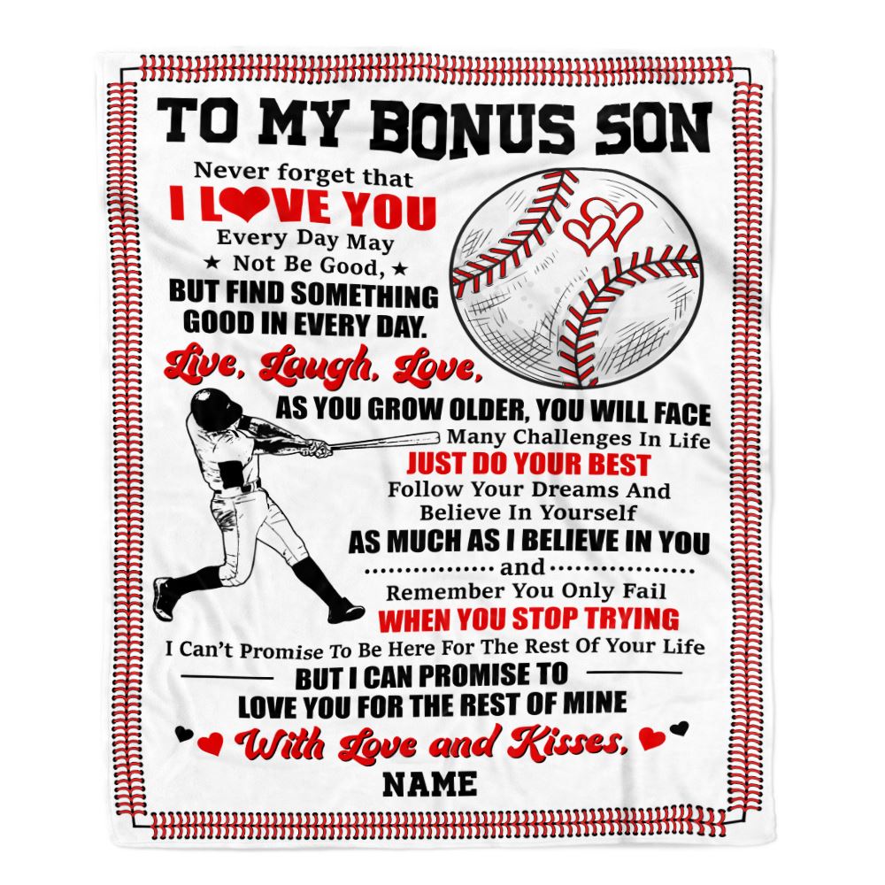 Personalized To My Bonus Son Blanket From Stepmother I Believe In You Baseball Stepson Birthday Graduation Christmas Customized Bed Fleece Throw Blanket | siriusteestore