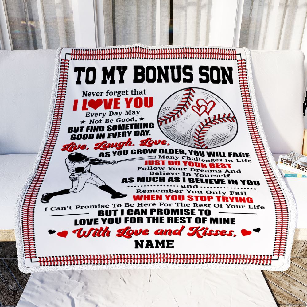 Personalized To My Bonus Son Blanket From Stepmother I Believe In You Baseball Stepson Birthday Graduation Christmas Customized Bed Fleece Throw Blanket | siriusteestore