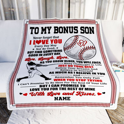 Personalized To My Bonus Son Blanket From Stepmother I Believe In You Baseball Stepson Birthday Graduation Christmas Customized Bed Fleece Throw Blanket | siriusteestore