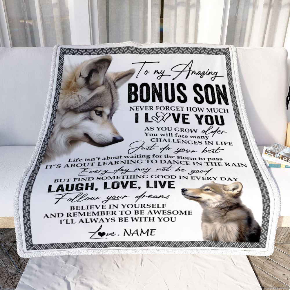 Personalized To My Bonus Son Blanket From Stepmother Just Do You Best Laugh Love Live Wolf Stepson Birthday Graduation Christmas Customized Fleece Blanket | siriusteestore