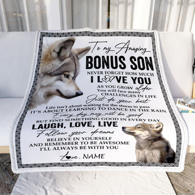 Personalized To My Bonus Son Blanket From Stepmother Just Do You Best Laugh Love Live Wolf Stepson Birthday Graduation Christmas Customized Fleece Blanket | siriusteestore