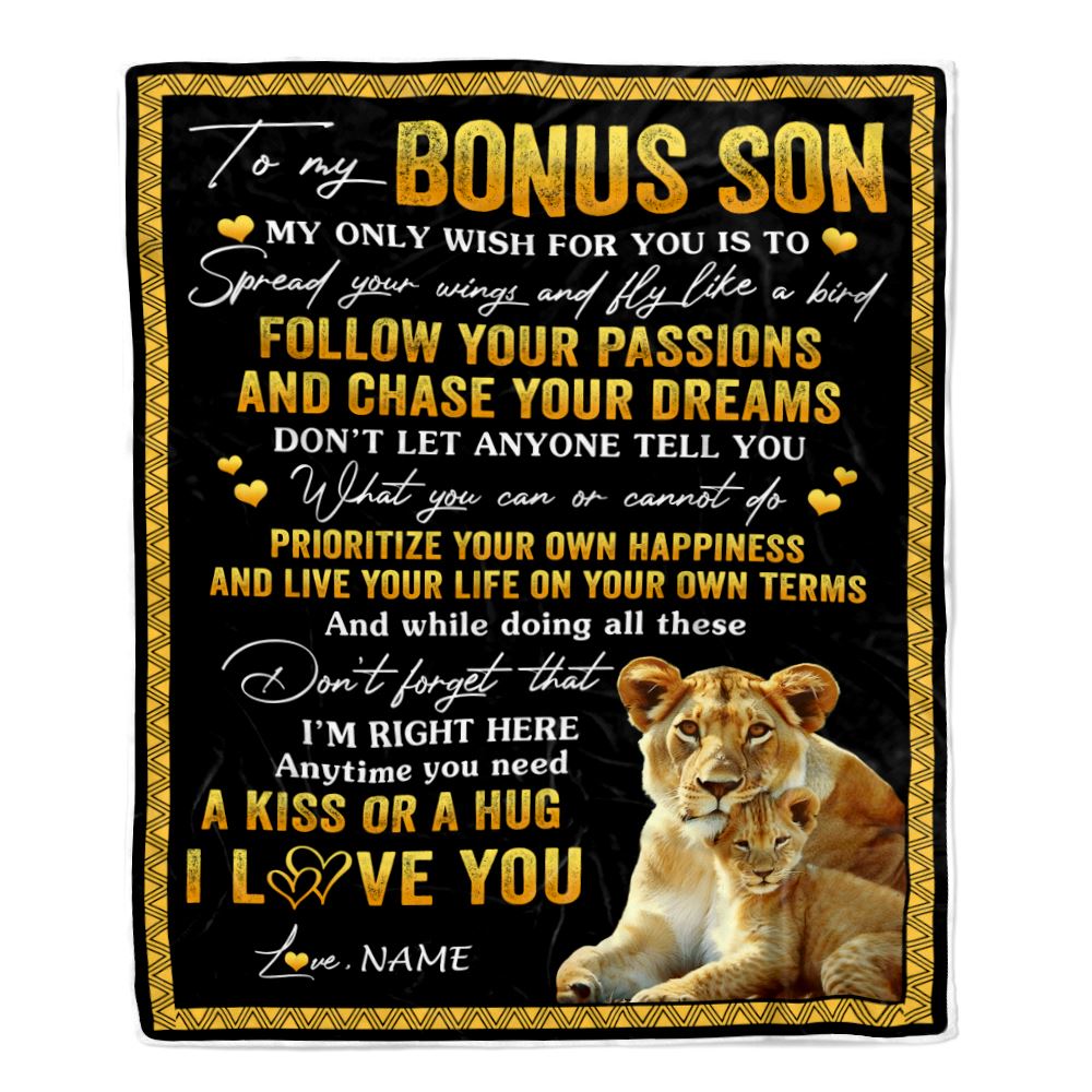 Personalized To My Bonus Son Blanket From Stepmother Lion My Only Wish For You Stepson Birthday Graduation Christmas Customized Fleece Throw Blanket | siriusteestore