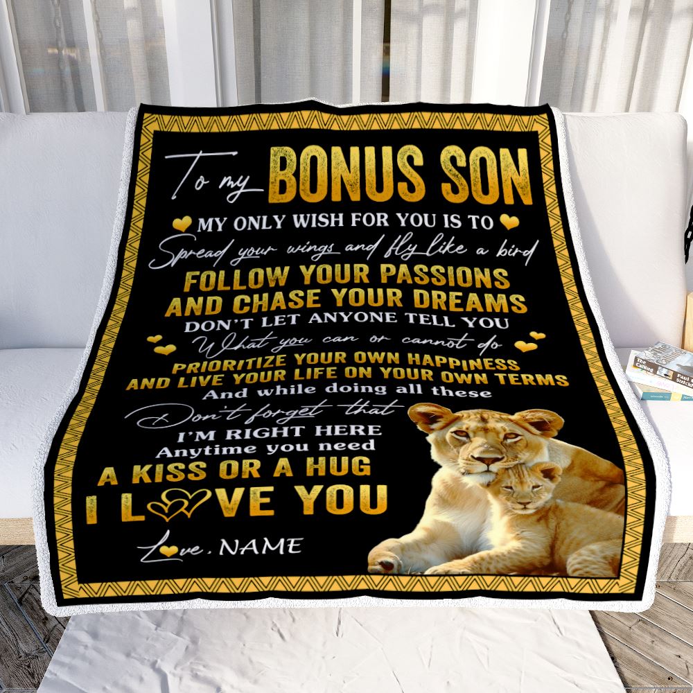 Personalized To My Bonus Son Blanket From Stepmother Lion My Only Wish For You Stepson Birthday Graduation Christmas Customized Fleece Throw Blanket | siriusteestore
