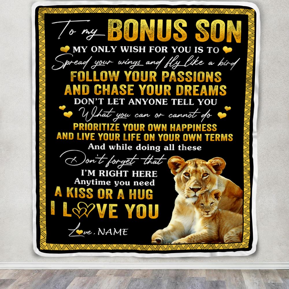Personalized To My Bonus Son Blanket From Stepmother Lion My Only Wish For You Stepson Birthday Graduation Christmas Customized Fleece Throw Blanket | siriusteestore