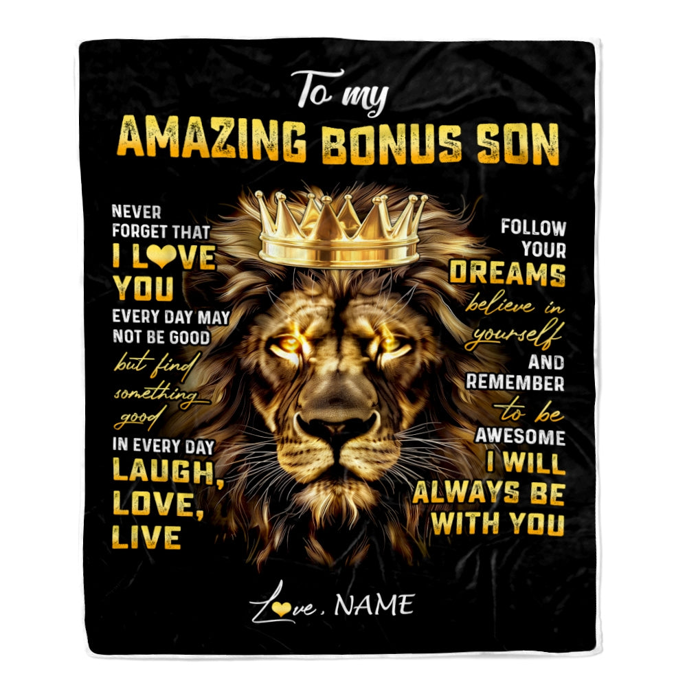 Personalized To My Bonus Son Blanket From Stepmother Never Forget I Love You Lion Stepson Birthday Graduation Christmas Customized Fleece Throw Blanket | siriusteestore