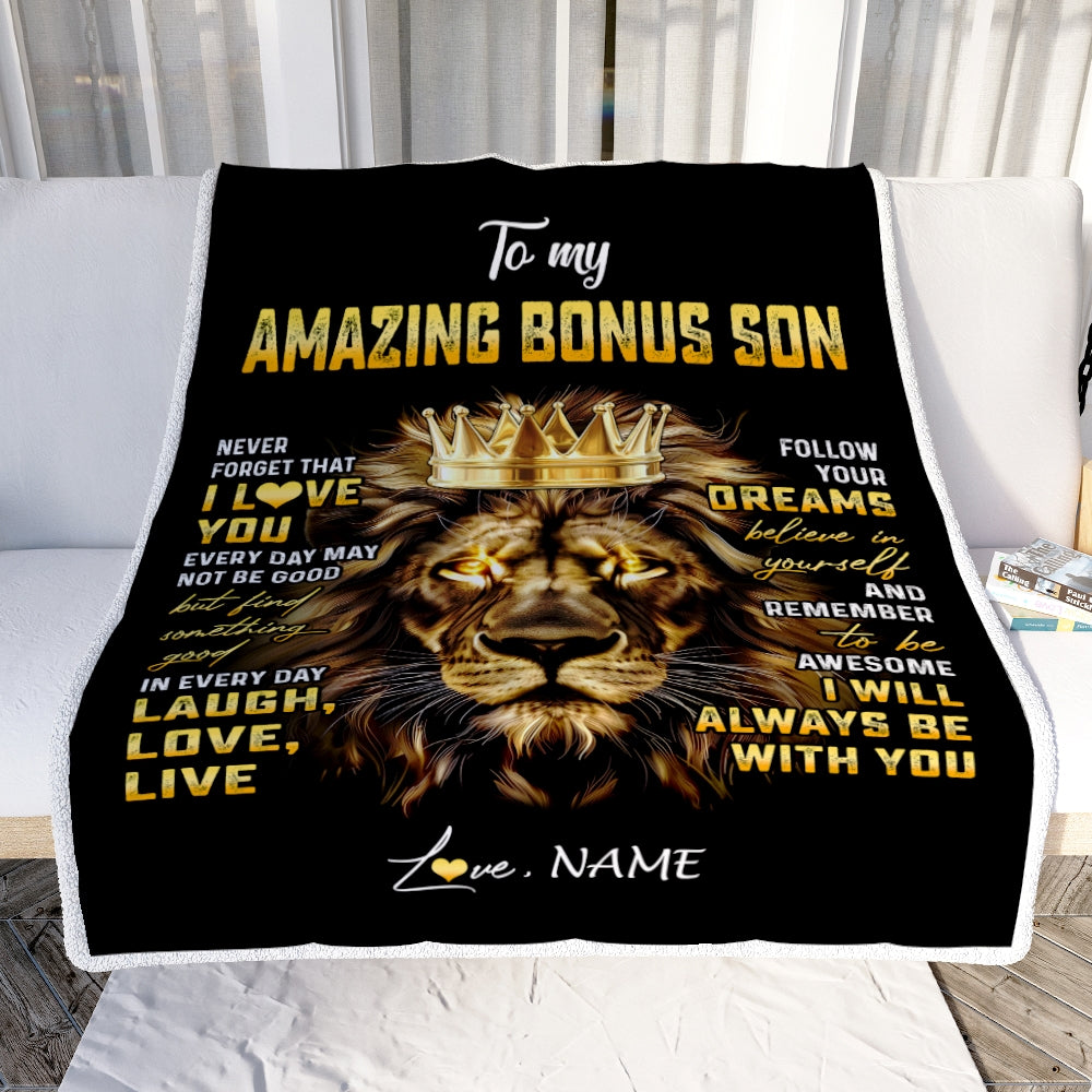 Personalized To My Bonus Son Blanket From Stepmother Never Forget I Love You Lion Stepson Birthday Graduation Christmas Customized Fleece Throw Blanket | siriusteestore