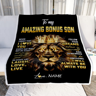 Personalized To My Bonus Son Blanket From Stepmother Never Forget I Love You Lion Stepson Birthday Graduation Christmas Customized Fleece Throw Blanket | siriusteestore