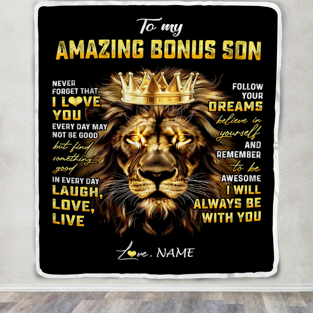 Personalized To My Bonus Son Blanket From Stepmother Never Forget I Love You Lion Stepson Birthday Graduation Christmas Customized Fleece Throw Blanket | siriusteestore
