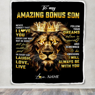 Personalized To My Bonus Son Blanket From Stepmother Never Forget I Love You Lion Stepson Birthday Graduation Christmas Customized Fleece Throw Blanket | siriusteestore