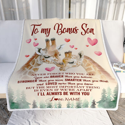 Personalized To My Bonus Son Blanket From Stepmother Never Forget Who Are You Giraffe Stepson Birthday Graduation Christmas Customized Fleece Throw Blanket | siriusteestore