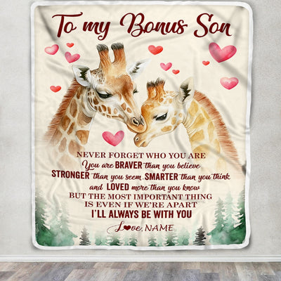 Personalized To My Bonus Son Blanket From Stepmother Never Forget Who Are You Giraffe Stepson Birthday Graduation Christmas Customized Fleece Throw Blanket | siriusteestore