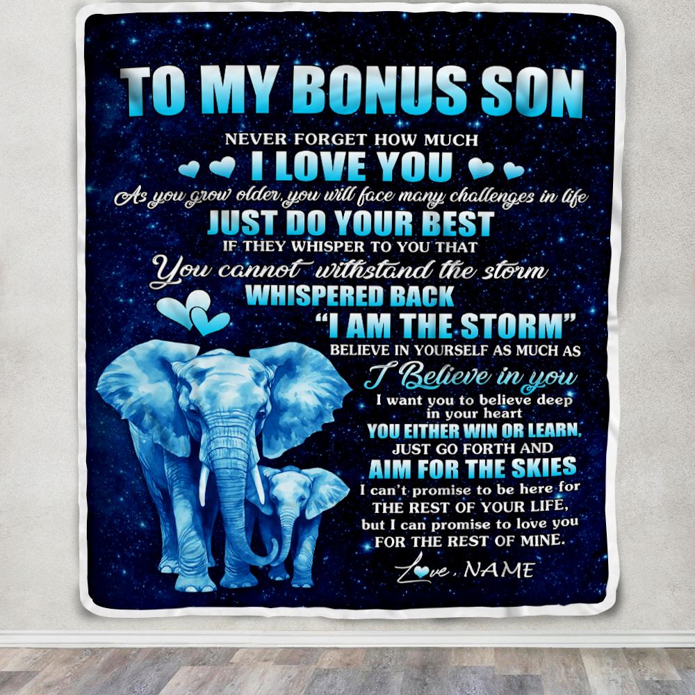 Personalized To My Bonus Son Blanket From Stepmother Stepdad Elephant Never Forget I Love You Stepson Birthday Gifts Christmas Customized Fleece Blanket | siriusteestore