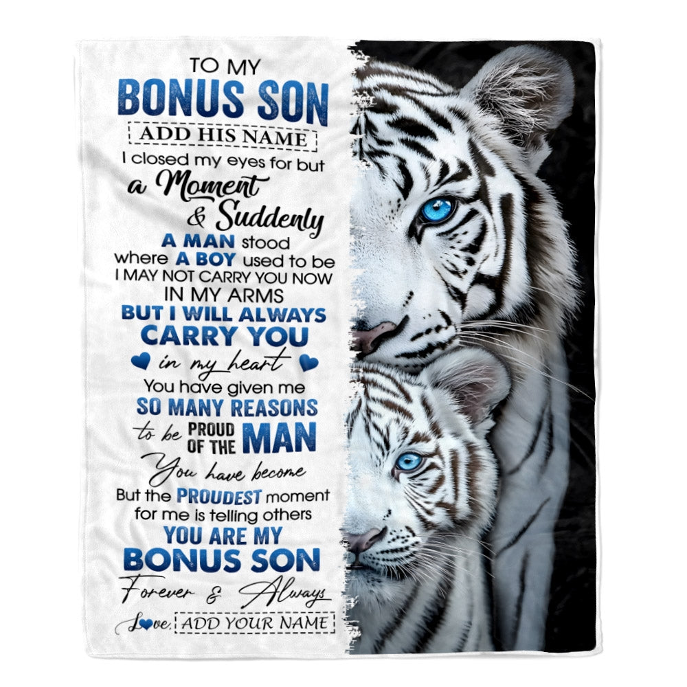 Personalized To My Bonus Son Blanket From Stepmother Stepdad I Close My Eyes White Tiger Stepson Birthday Gifts Graduation Christmas Fleece Throw Blanket | siriusteestore